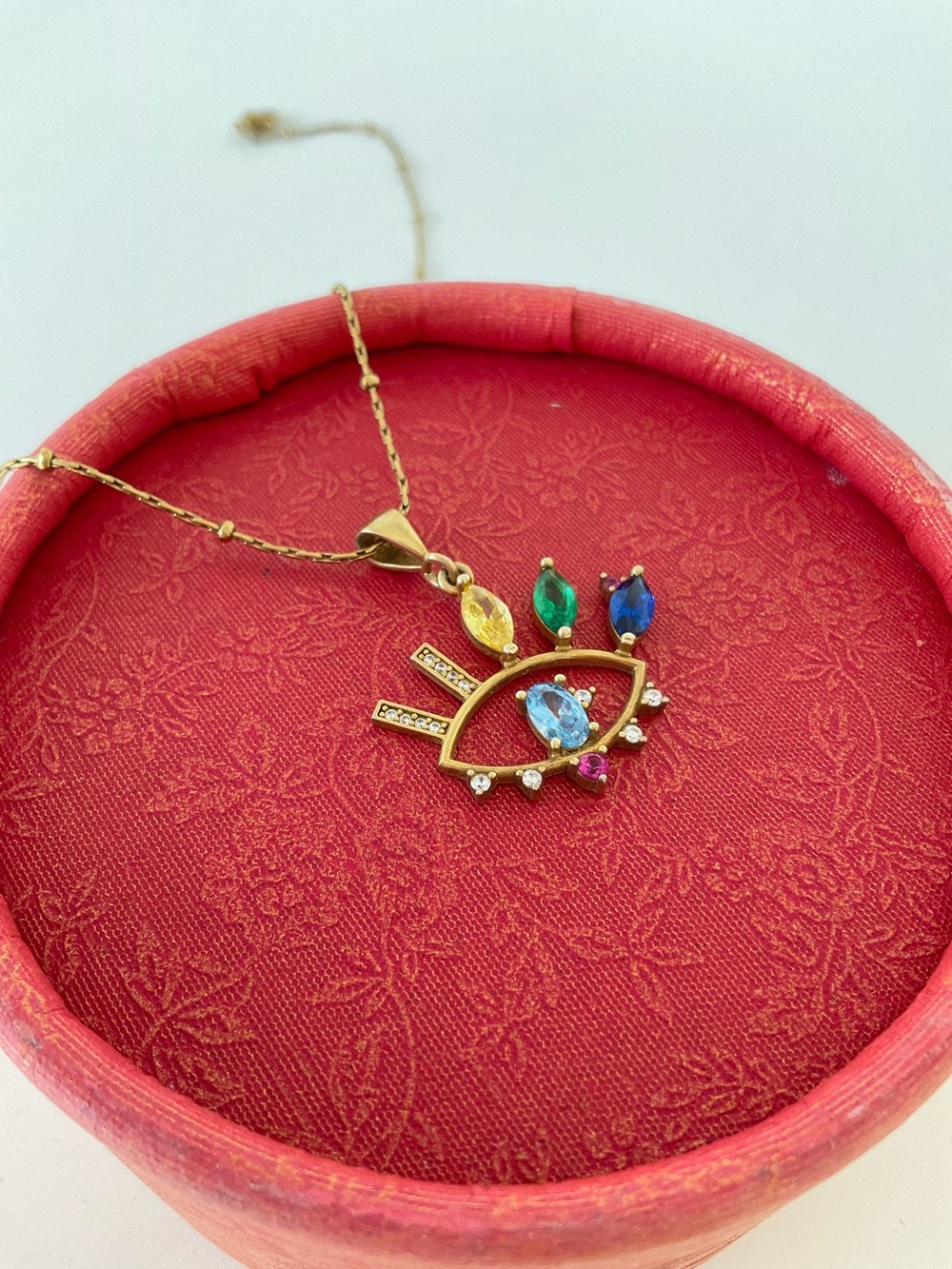 Ancient Protection Handcrafted Gold Color Evil Eye Pendant, Multi-Gem Boho
